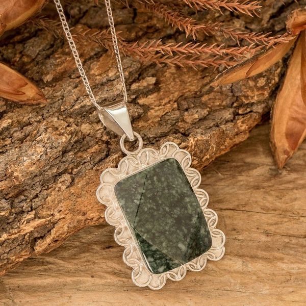 Alternate image for Silver Necklace with Faceted Dark Green Jade Pendant Dark Green Daisy