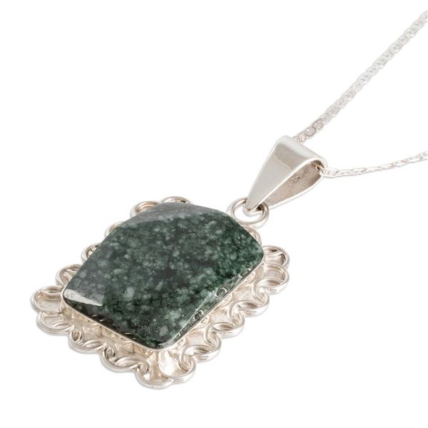 Alternate image for Silver Necklace with Faceted Dark Green Jade Pendant Dark Green Daisy
