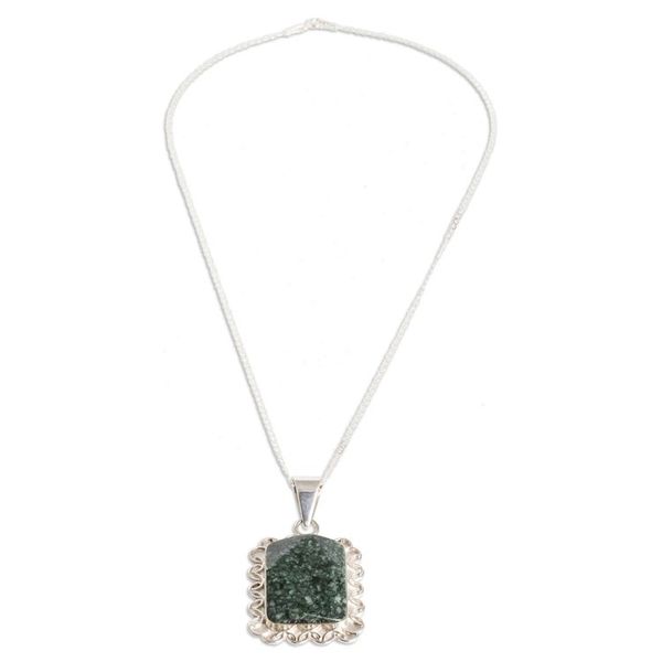 Alternate image for Silver Necklace with Faceted Dark Green Jade Pendant Dark Green Daisy