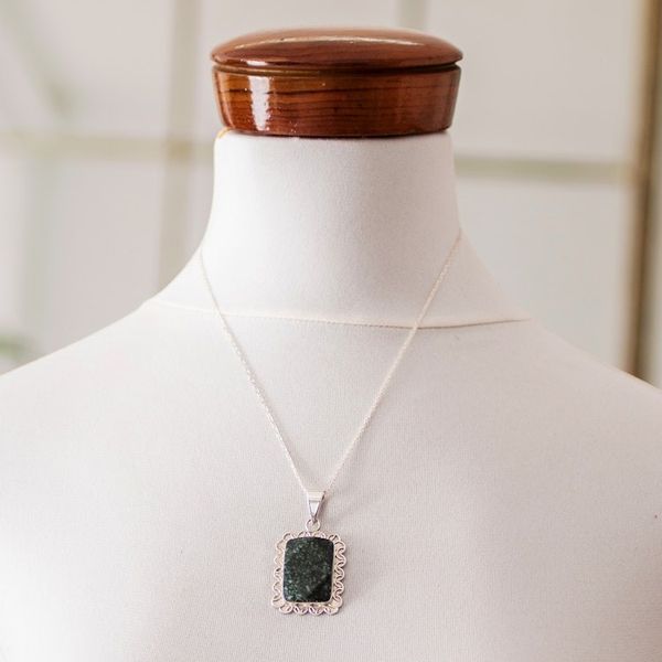 Alternate image for Silver Necklace with Faceted Dark Green Jade Pendant Dark Green Daisy