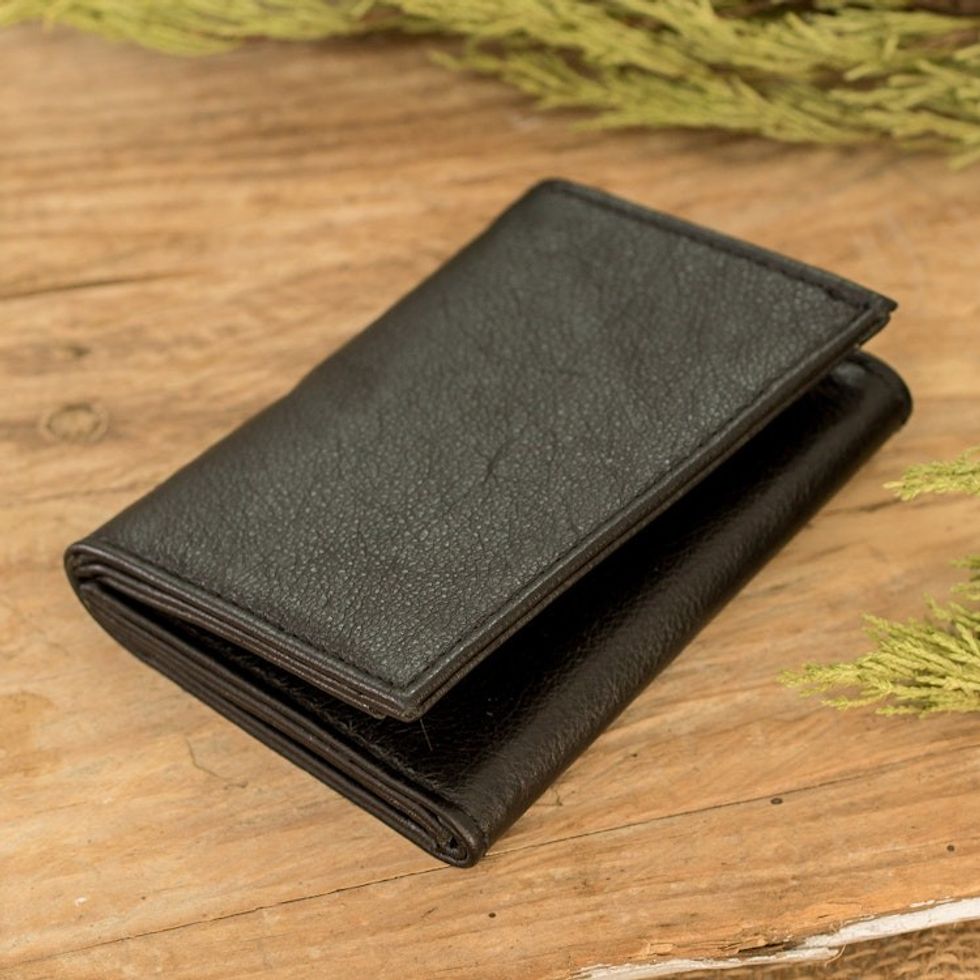 Eco-Friendly Recycled Leather Men's Trifold Wallet in Black 'Elegant Organization'