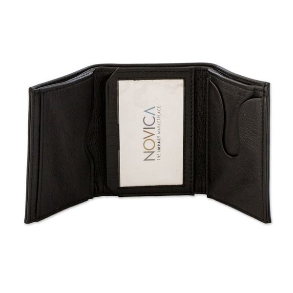 Alternate image for Eco-Friendly Recycled Leather Mens Trifold Wallet in Black Elegant Organization