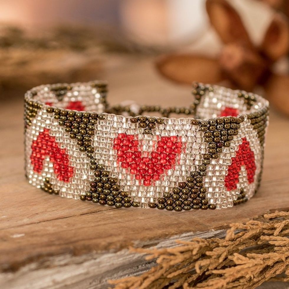 Adjustable Bronze Red and Silver-Hued Beaded Heart Bracelet 'Red Queen of Hearts'
