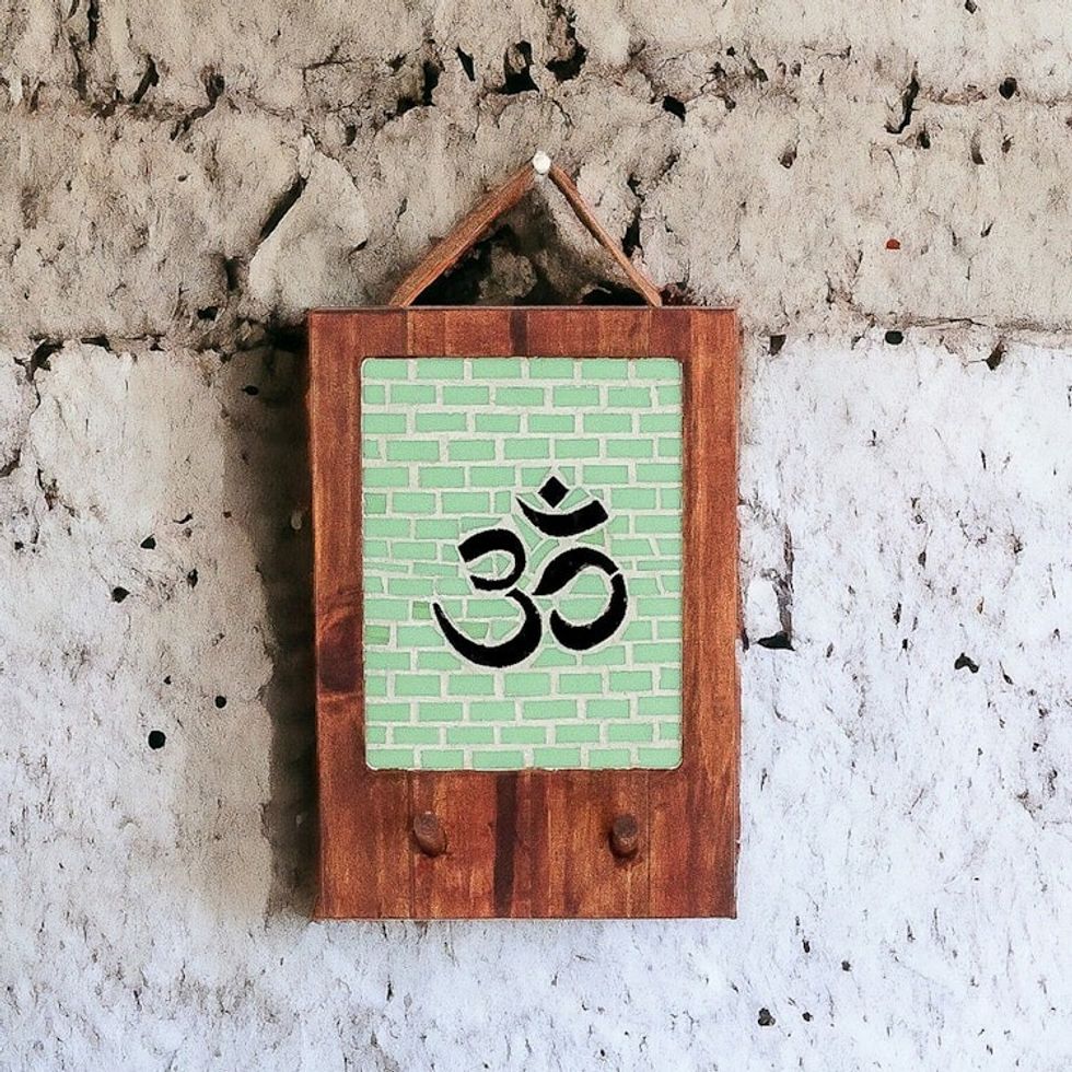 Handcrafted Green Om Teak Wood and Glass Mosaic Coat Rack 'Om Spaces'