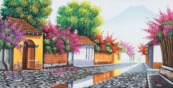 Alternate image for Oil on Canvas Painting of Las Animas Street in Guatemala Las Animas Street in Antigua