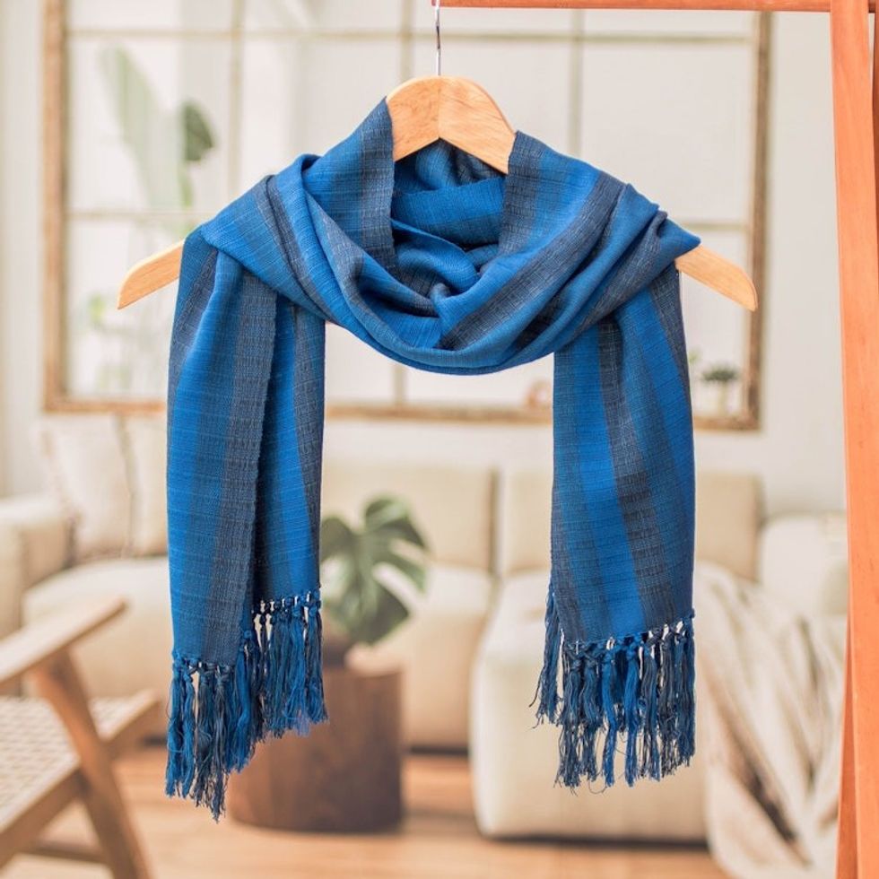 Striped Fringed Hand-Loomed Cotton Scarf in Blue Shades 'Endless Sky'