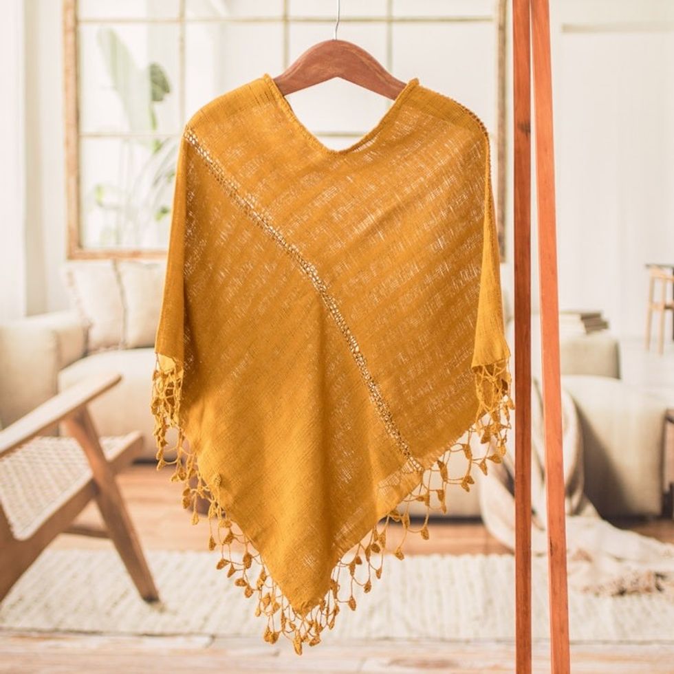 Hand-Woven Yellow Cotton Poncho with Tassels from Guatemala 'Golden Flair'