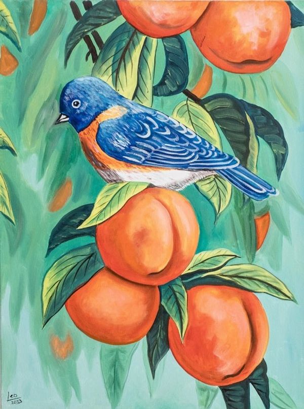 Alternate image for Signed Nature-Themed Impressionist Oil Painting of Bird American Bluebird