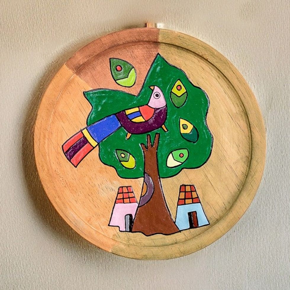 Nature-Themed Hand-Painted Round Decorative Pinewood Plaque 'Tropical Enchantment'