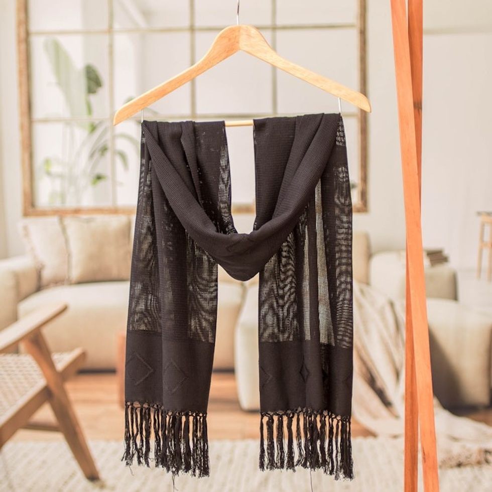 Hand-Woven Black Cotton Scarf with Fringe and Rhombus Motifs 'Black Geometric Charm'