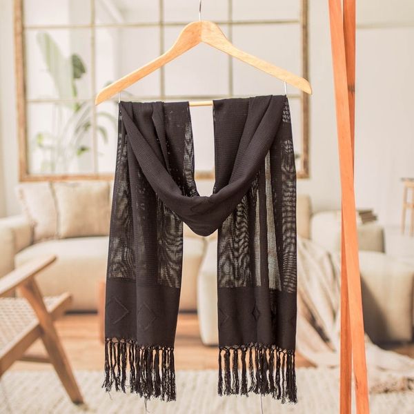 Alternate image for Hand-Woven Black Cotton Scarf with Fringe and Rhombus Motifs Black Geometric Charm