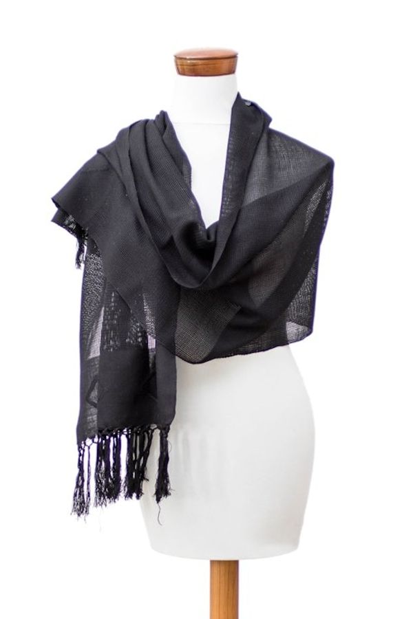 Alternate image for Hand-Woven Black Cotton Scarf with Fringe and Rhombus Motifs Black Geometric Charm