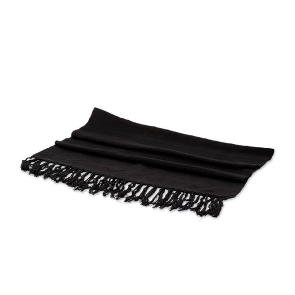 Alternate image for Hand-Woven Black Cotton Scarf with Fringe and Rhombus Motifs Black Geometric Charm