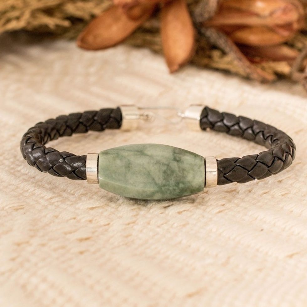Men's Silver Cord Bracelet with Apple Green Jade Pendant 'Bold Essence'