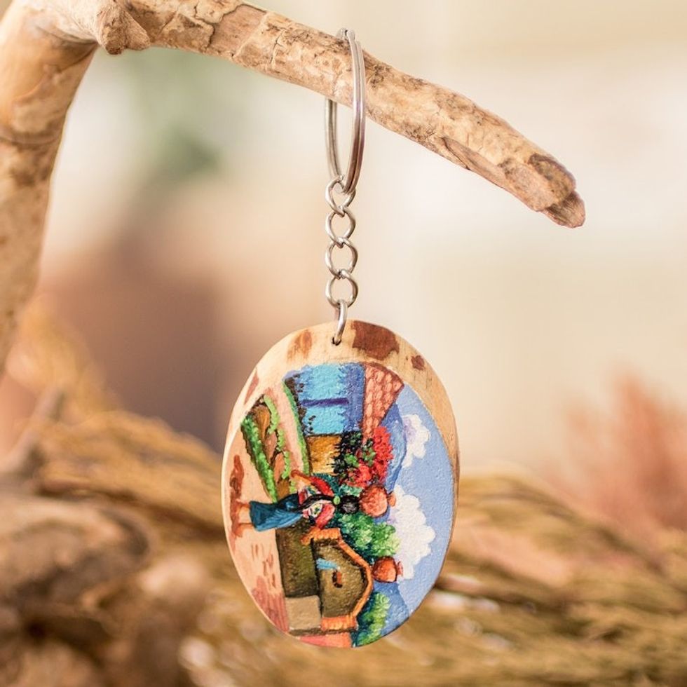 Pinewood Keychain with Hand-Painted Guatemalan Woman Motif 'San Juan Comalapa Charm'
