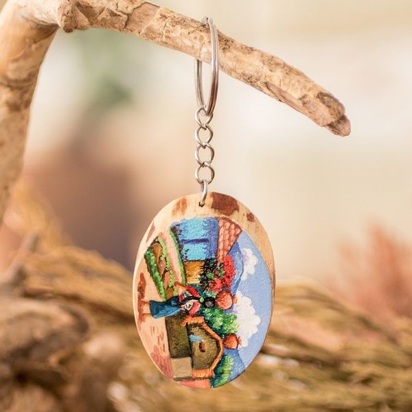 Alternate image for Pinewood Keychain with Hand-Painted Guatemalan Woman Motif San Juan Comalapa Charm