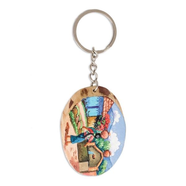 Alternate image for Pinewood Keychain with Hand-Painted Guatemalan Woman Motif San Juan Comalapa Charm