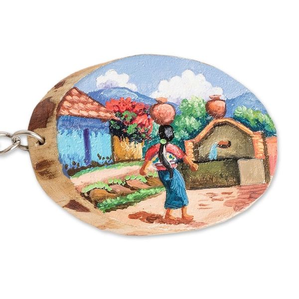 Alternate image for Pinewood Keychain with Hand-Painted Guatemalan Woman Motif San Juan Comalapa Charm