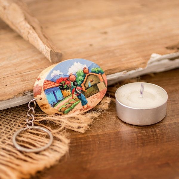 Alternate image for Pinewood Keychain with Hand-Painted Guatemalan Woman Motif San Juan Comalapa Charm