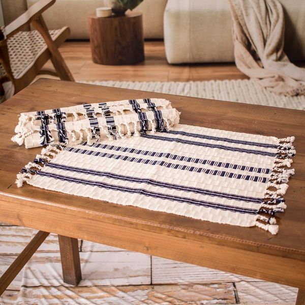 Alternate image for 4 Ivory and Blue Handwoven Striped Fringed Cotton Placemats Splendid Contrast