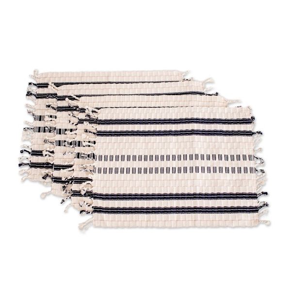 Alternate image for 4 Ivory and Blue Handwoven Striped Fringed Cotton Placemats Splendid Contrast