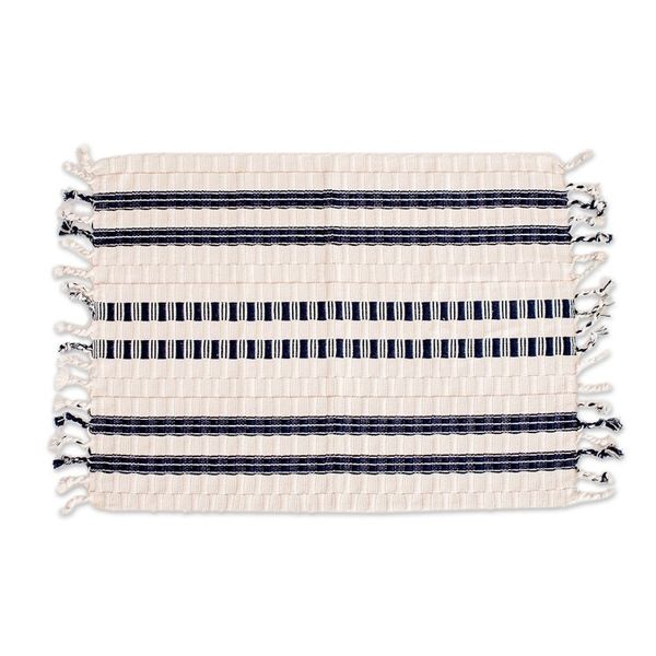 Alternate image for 4 Ivory and Blue Handwoven Striped Fringed Cotton Placemats Splendid Contrast