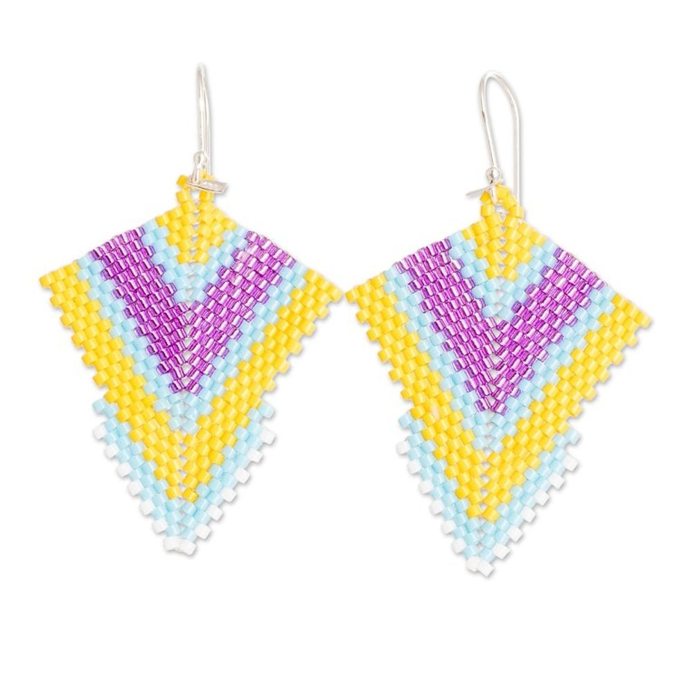 Handcrafted Yellow and Pink Glass Beaded Dangle Earrings 'Bold Signals'