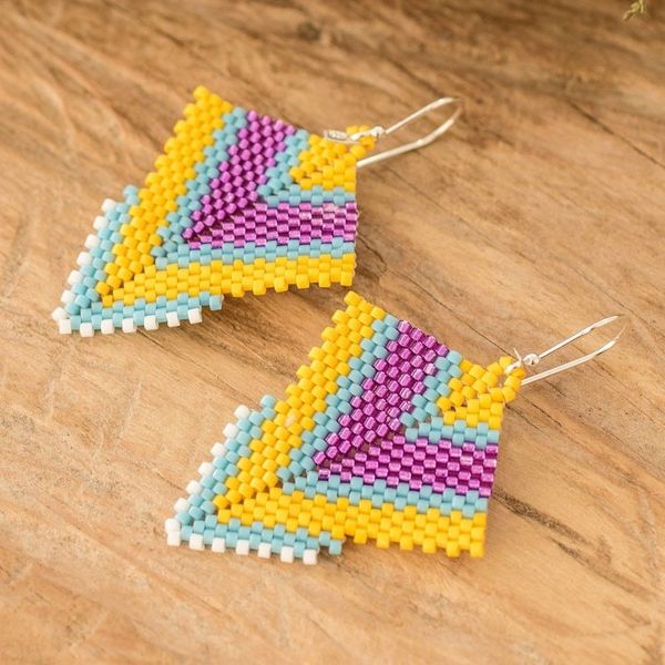Alternate image for Handcrafted Yellow and Pink Glass Beaded Dangle Earrings Bold Signals