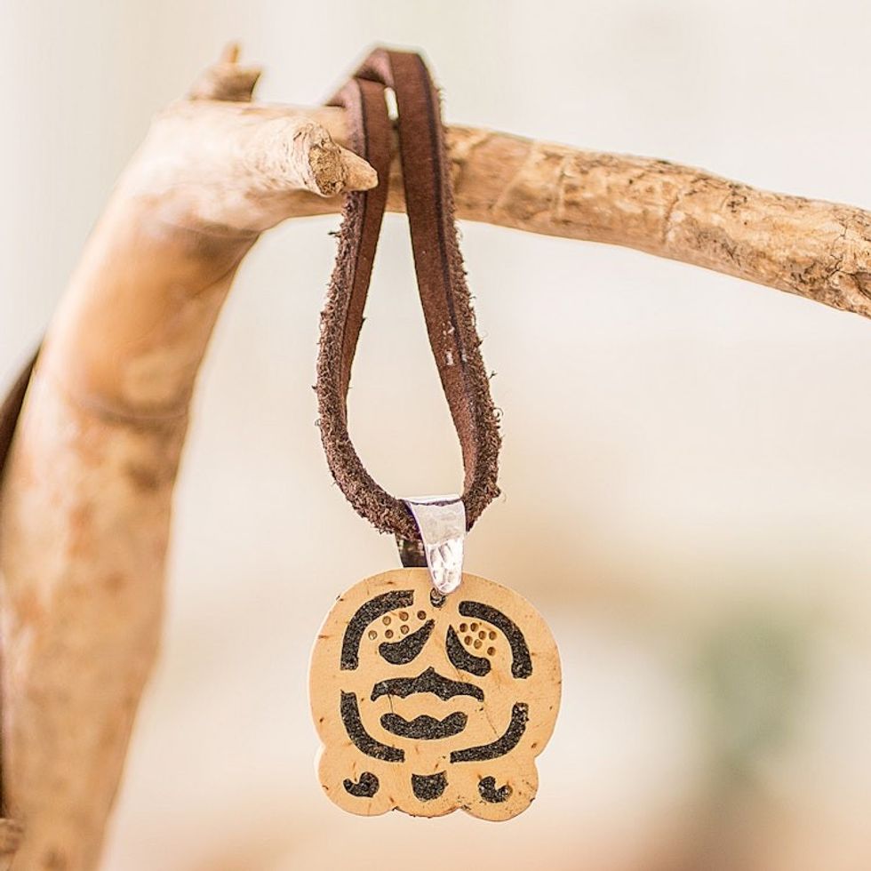 Coconut Shell and Lava Stone Ak'ab'al Sign Pendant Necklace 'Harmony and Peace'