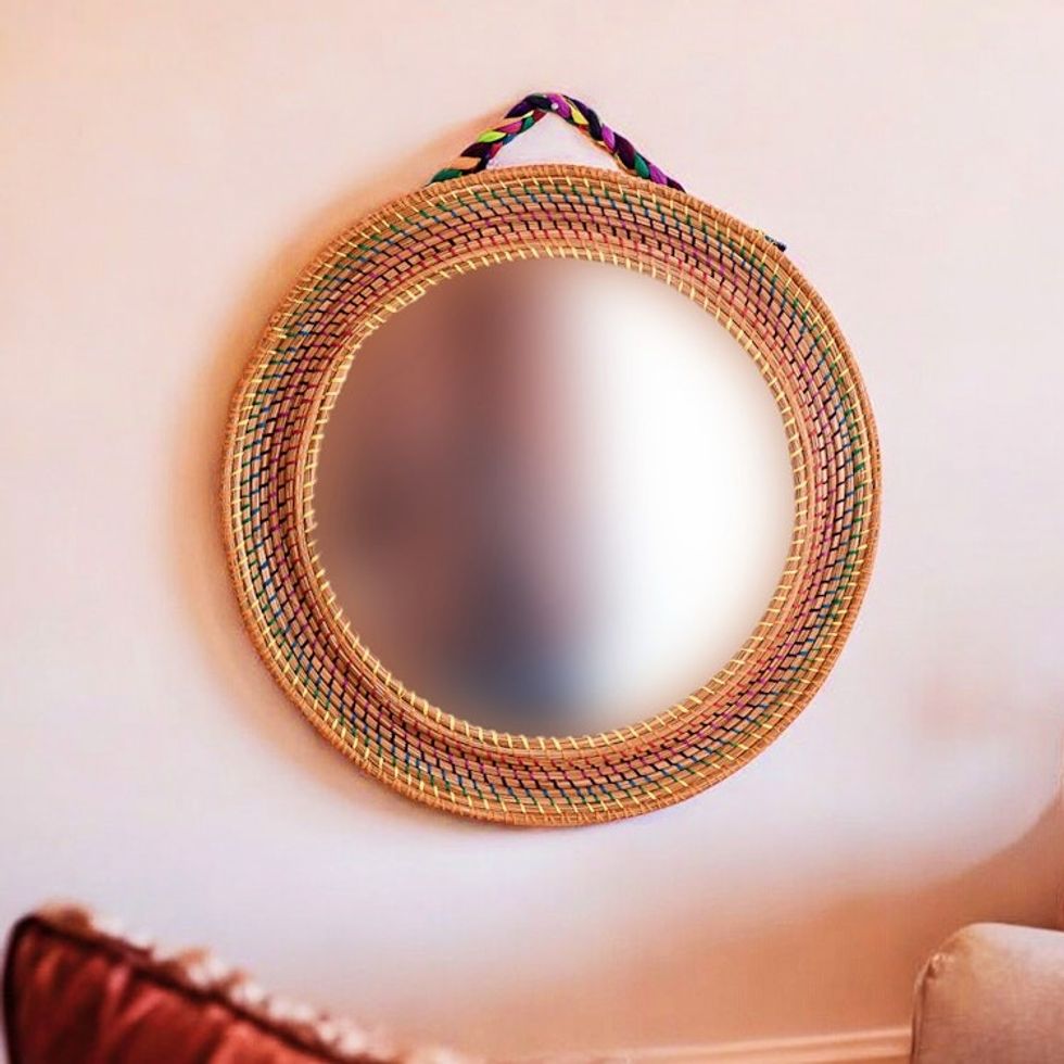 Braided Round Colorful Pine Needle and Cotton Wall Mirror 'Joyous Reflections'
