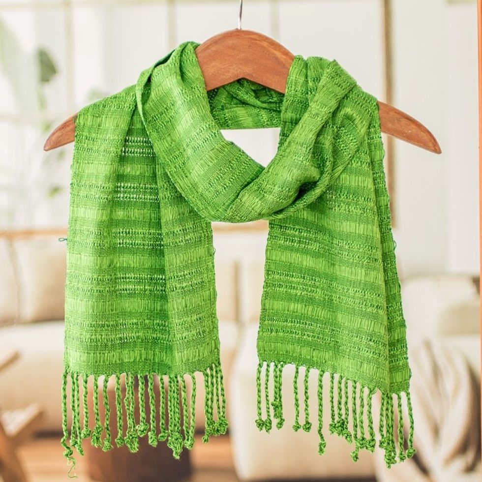 Handwoven Rayon Made from Bamboo Scarf with Fringes in Green 'Green Reflections'