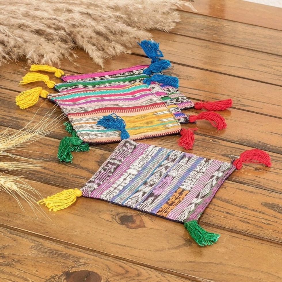 Set of Four Handwoven Cotton Coasters with Colorful Tassels 'Trendy Traditions'