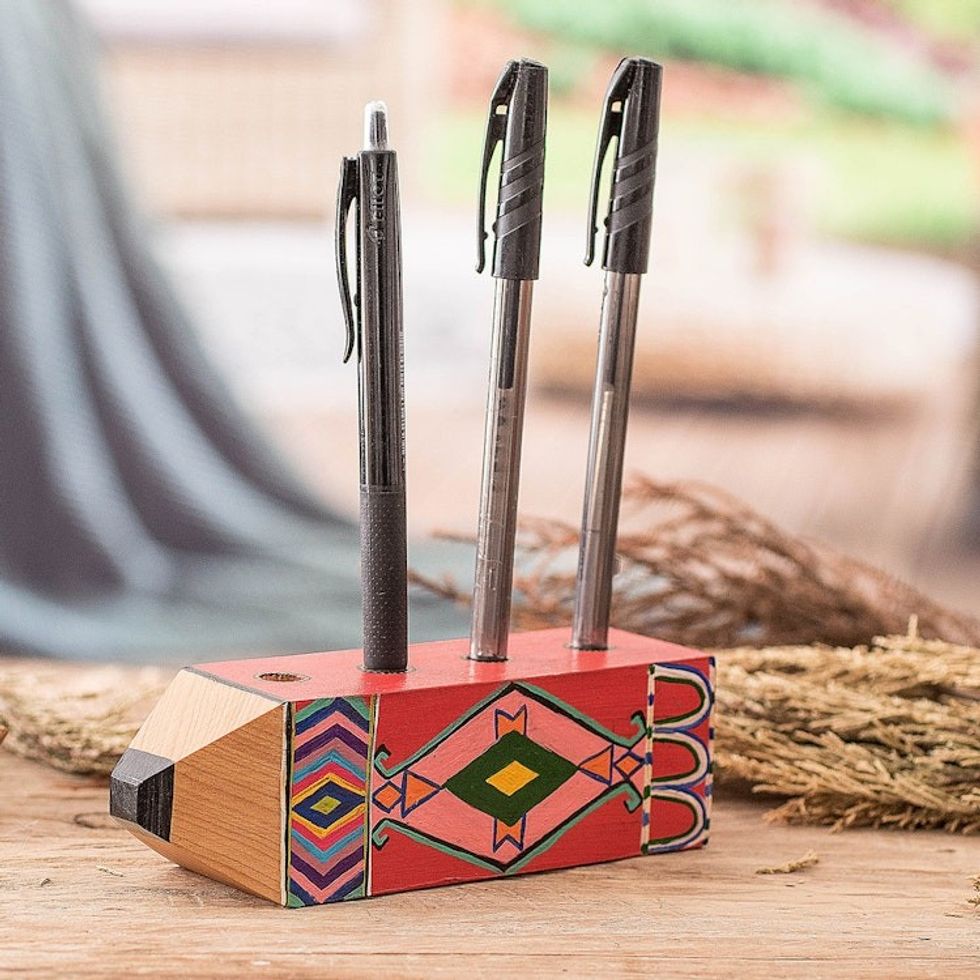 Traditional Guatemalan-Made Pen Holder in a Lacquered Finish 'Folk Words'