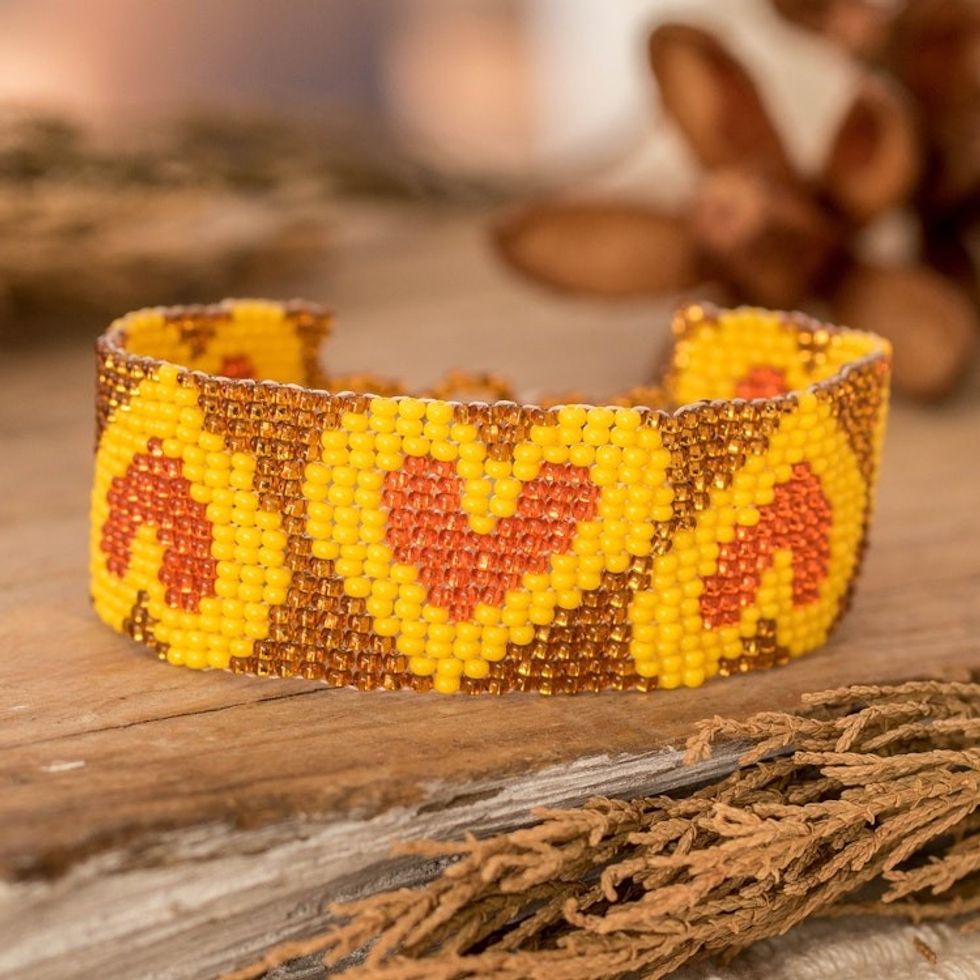 Yellow Orange Golden-Hued Beaded Bracelet with Heart Design 'Yellow Queen of Hearts'
