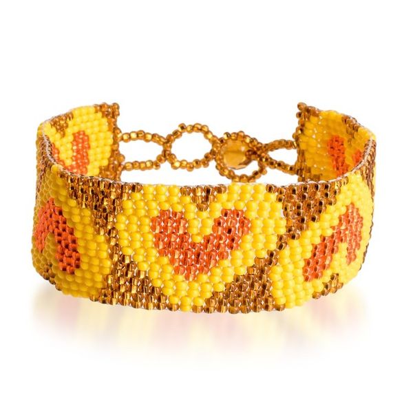 Alternate image for Yellow Orange Golden-Hued Beaded Bracelet with Heart Design Yellow Queen of Hearts