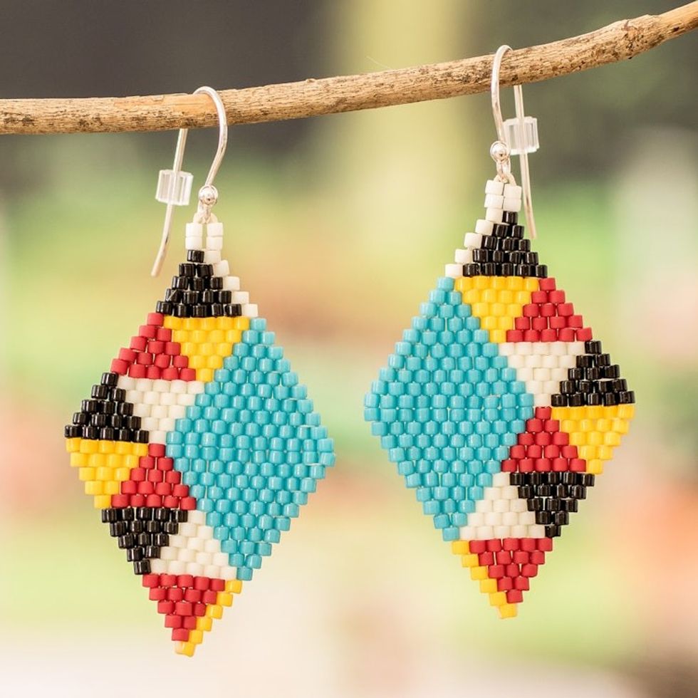 Handmade Colorful Geometric Glass Beaded Dangle Earrings 'Geometric Fest'