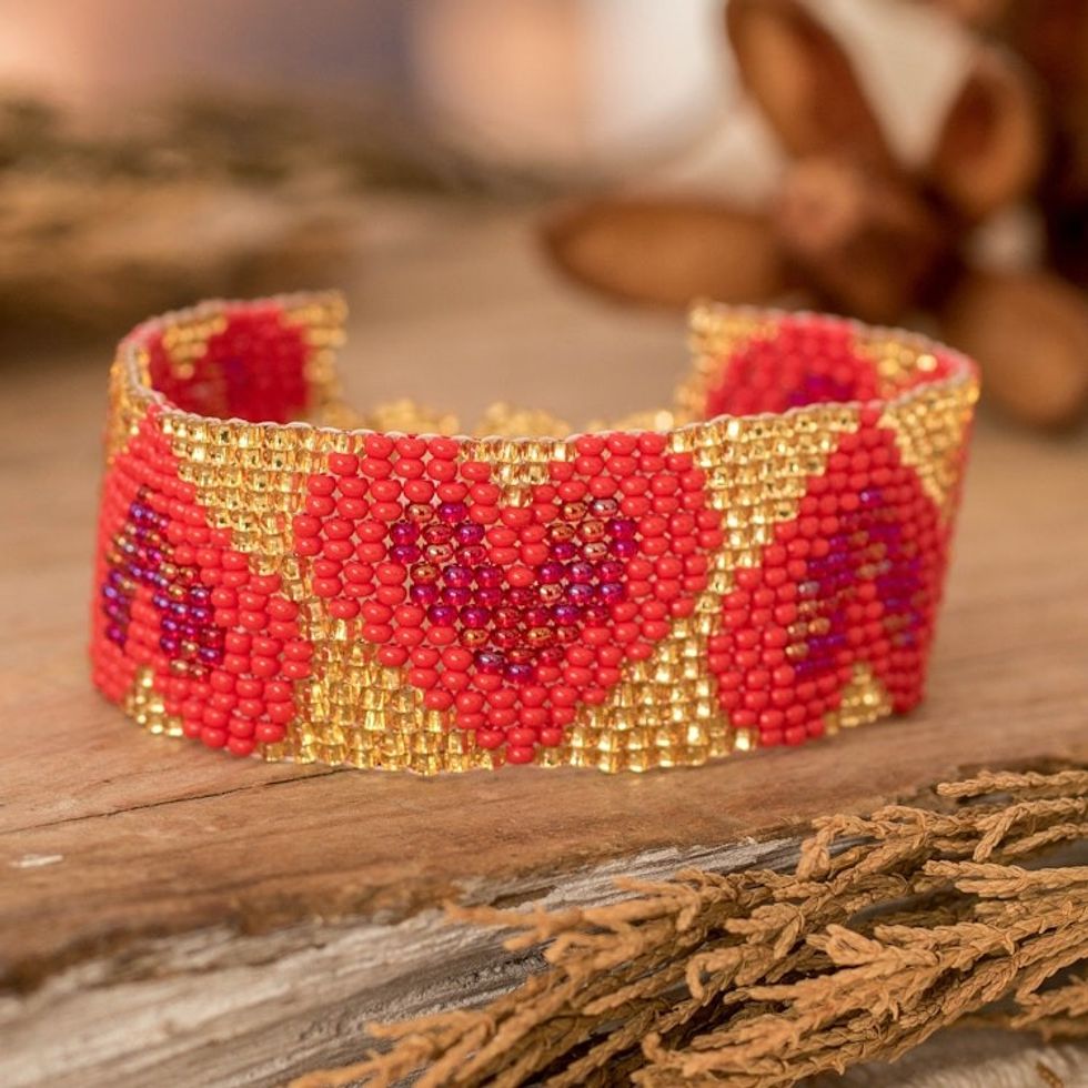 Handcrafted Red Golden-Hued Beaded Bracelet with Heart Motif 'Golden Queen of Hearts'