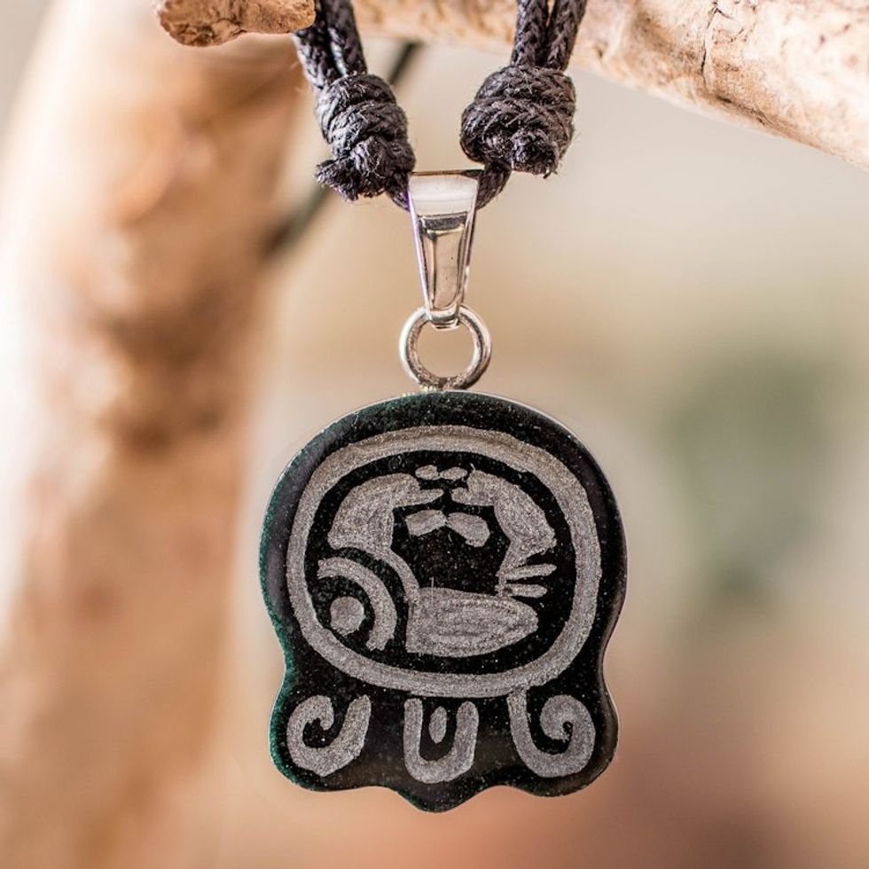 Jade Long Pendant Necklace with Mayan Balance Nahual Design 'Mayan Balance'