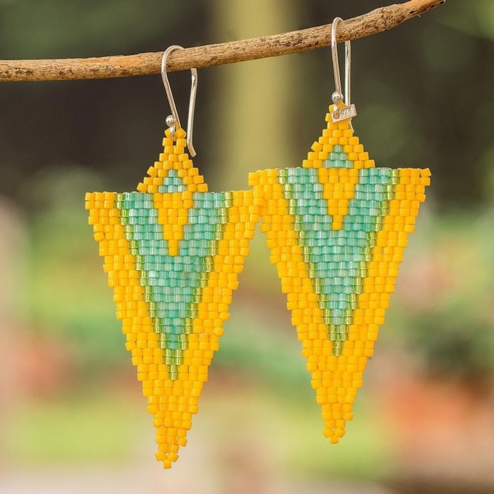 Handcrafted Triangular Yellow and Aqua Dangle Earrings 'Yellow Aqua Directions'