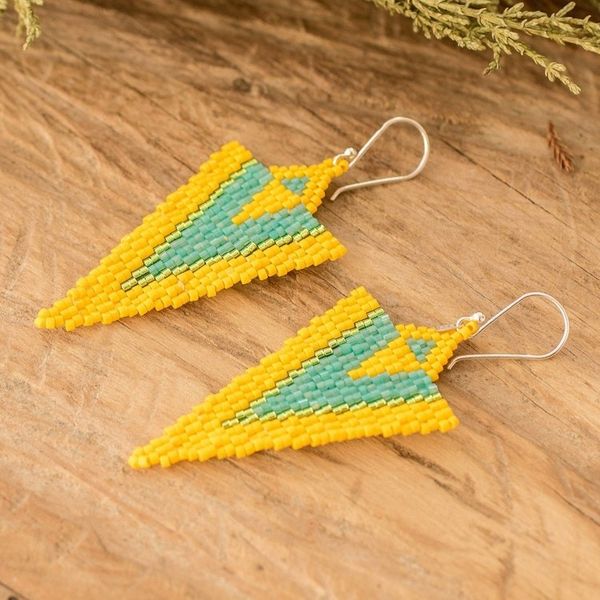 Alternate image for Handcrafted Triangular Yellow and Aqua Dangle Earrings Yellow Aqua Directions