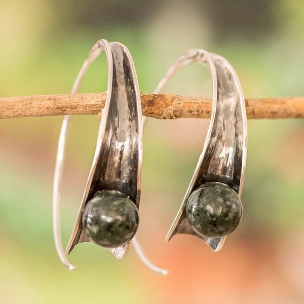 Alternate image for Modern Silver Drop Earrings with Dark Green Jade Stones Green Shadow Vitality