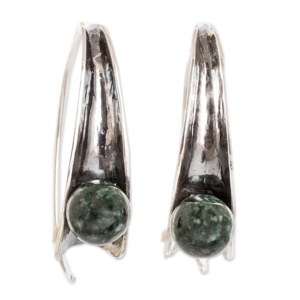 Alternate image for Modern Silver Drop Earrings with Dark Green Jade Stones Green Shadow Vitality