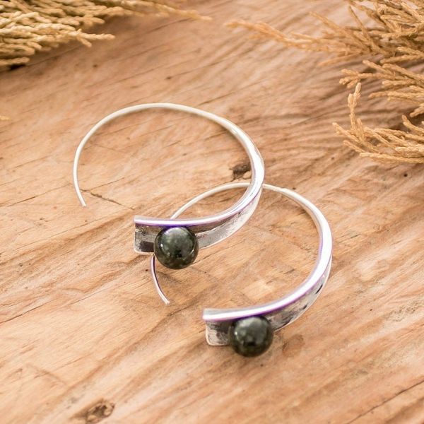 Alternate image for Modern Silver Drop Earrings with Dark Green Jade Stones Green Shadow Vitality