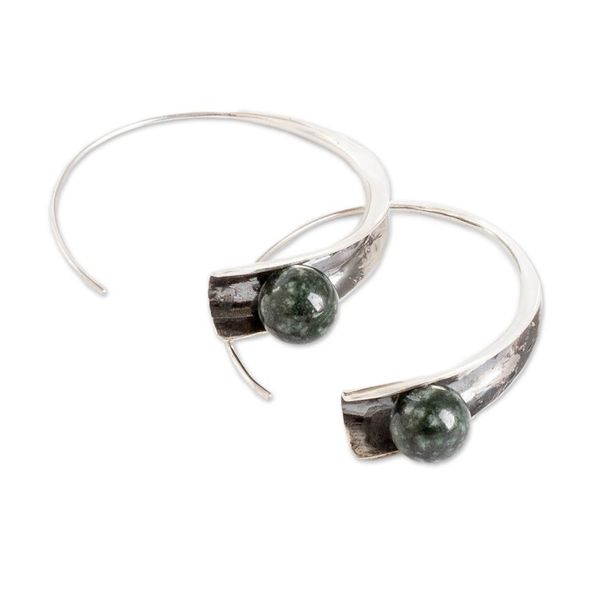 Alternate image for Modern Silver Drop Earrings with Dark Green Jade Stones Green Shadow Vitality