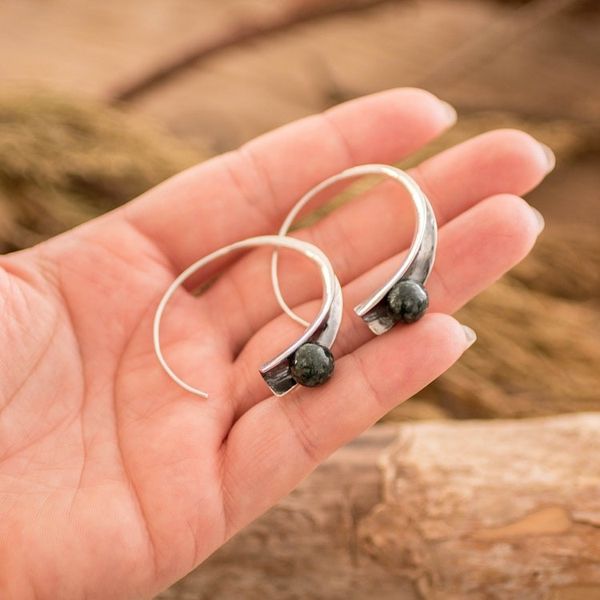 Alternate image for Modern Silver Drop Earrings with Dark Green Jade Stones Green Shadow Vitality
