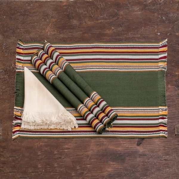 Alternate image for 4 Hand-Loomed Striped Green Cotton Placemat and Napkin Set Palopo in Olive