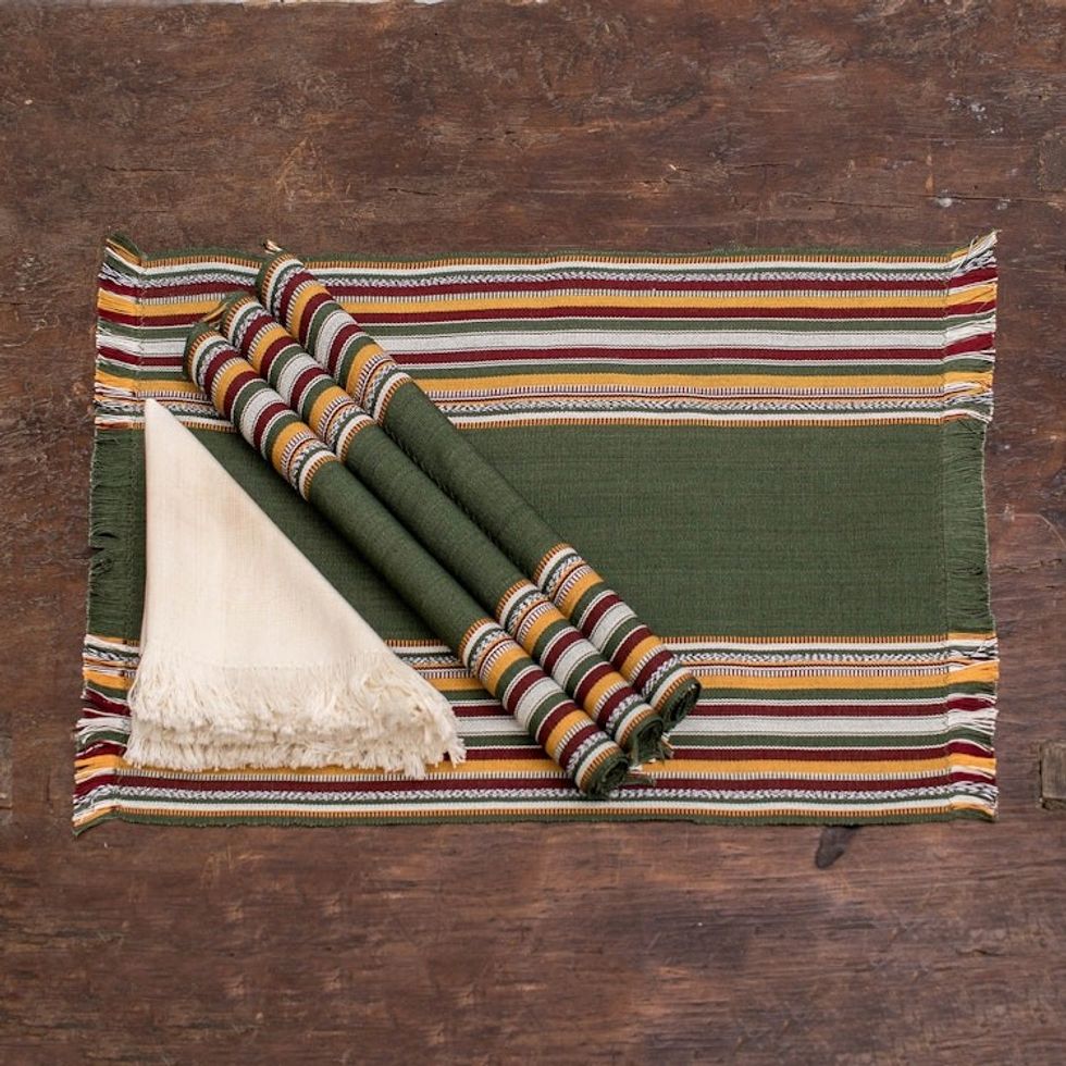 4 Hand-Loomed Striped Green Cotton Placemat and Napkin Set 'Palopo in Olive'