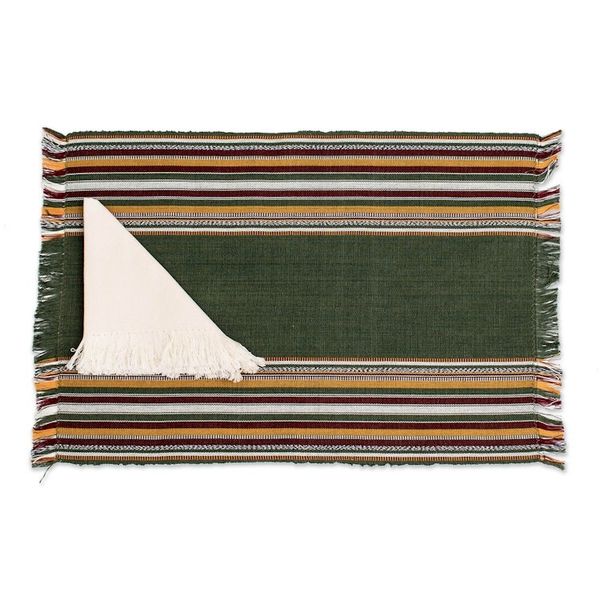 Alternate image for 4 Hand-Loomed Striped Green Cotton Placemat and Napkin Set Palopo in Olive