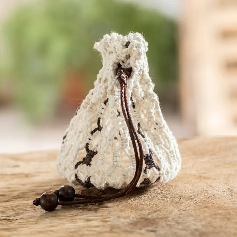 Multi-Purpose Ivory Brown Adjustable Macrame Cotton Pouch 'Tropical White'