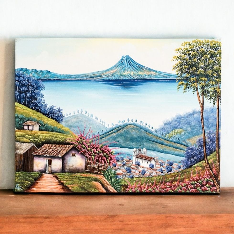 Signed Impressionist Oil Lake Scape Painting from Guatemala 'Lake View'